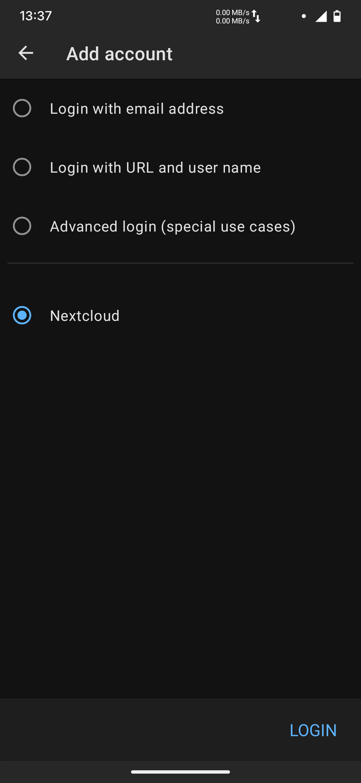 Add account: "Nextcloud" selected